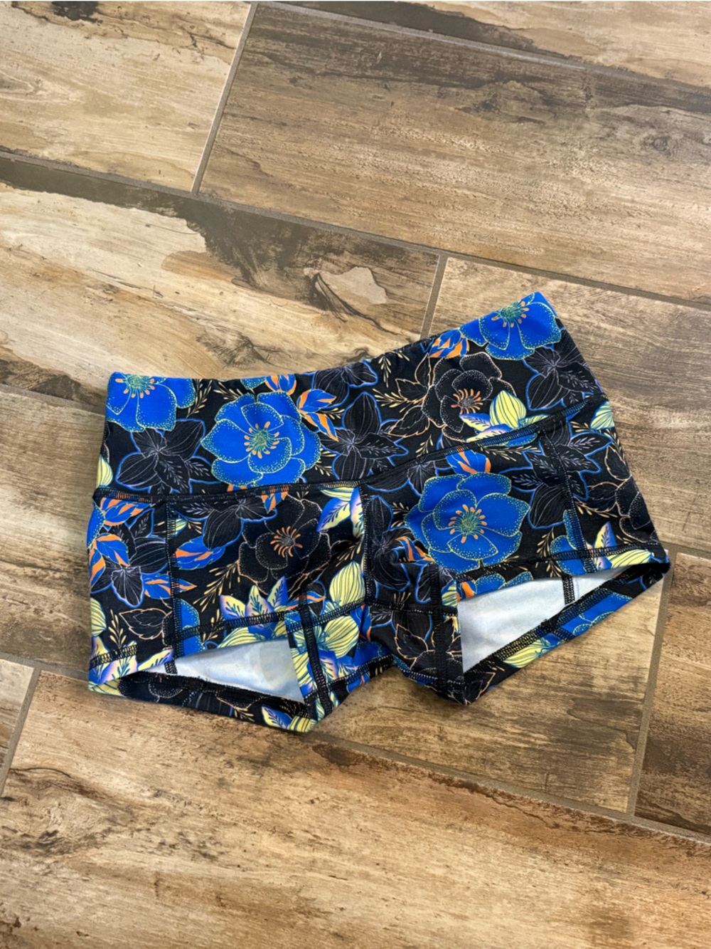Fleo Women's Black Bike Shorts with Blue Floral Print